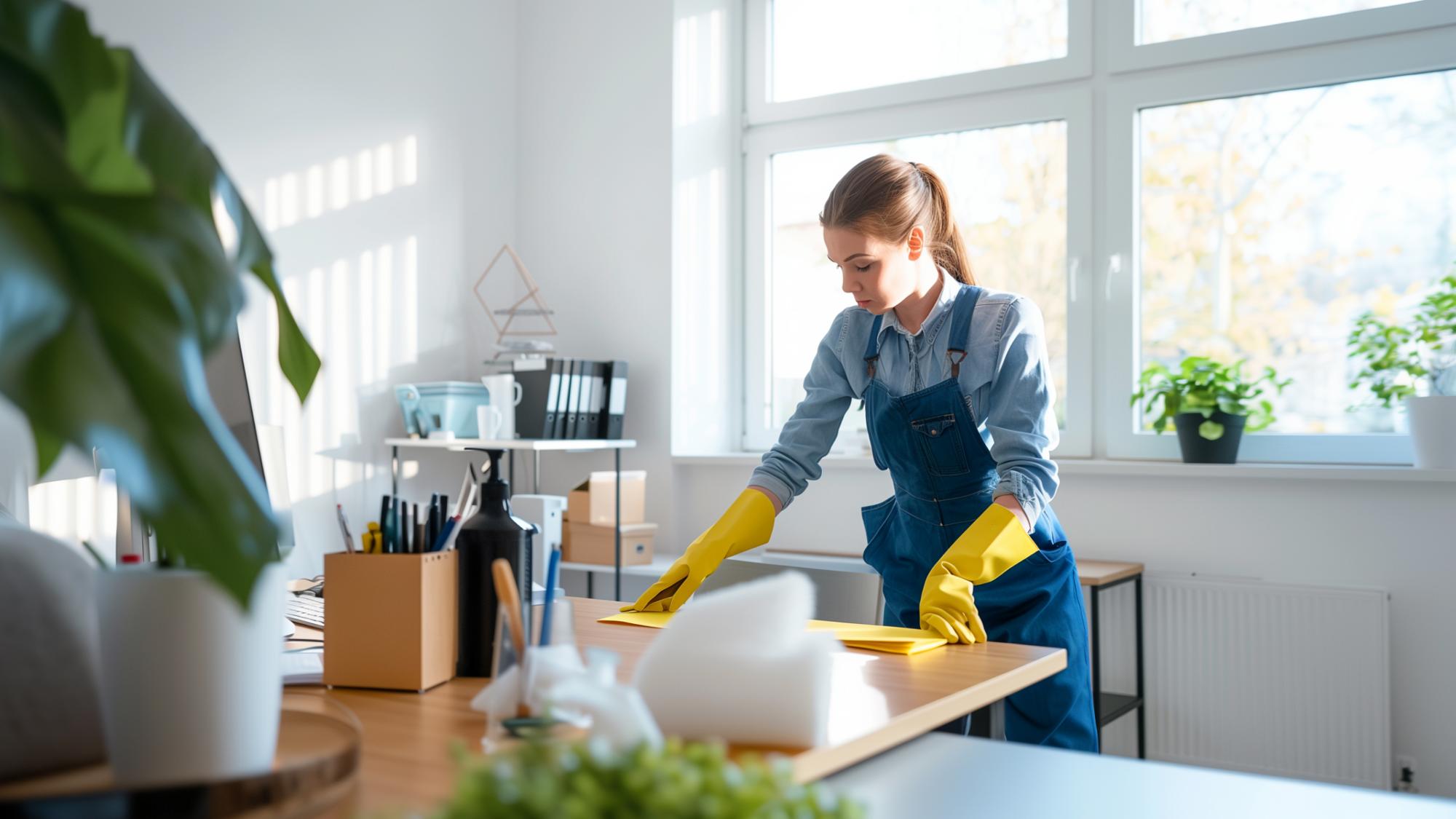 A woman wearing yellow rubber gloves is cleaning a wooden table in a bright, well-lit office space with large windows and green plants in the background.